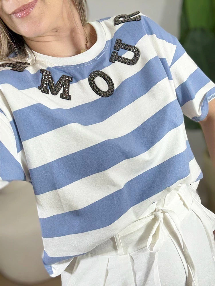 BLUSA LISTRADA PEDRARIA